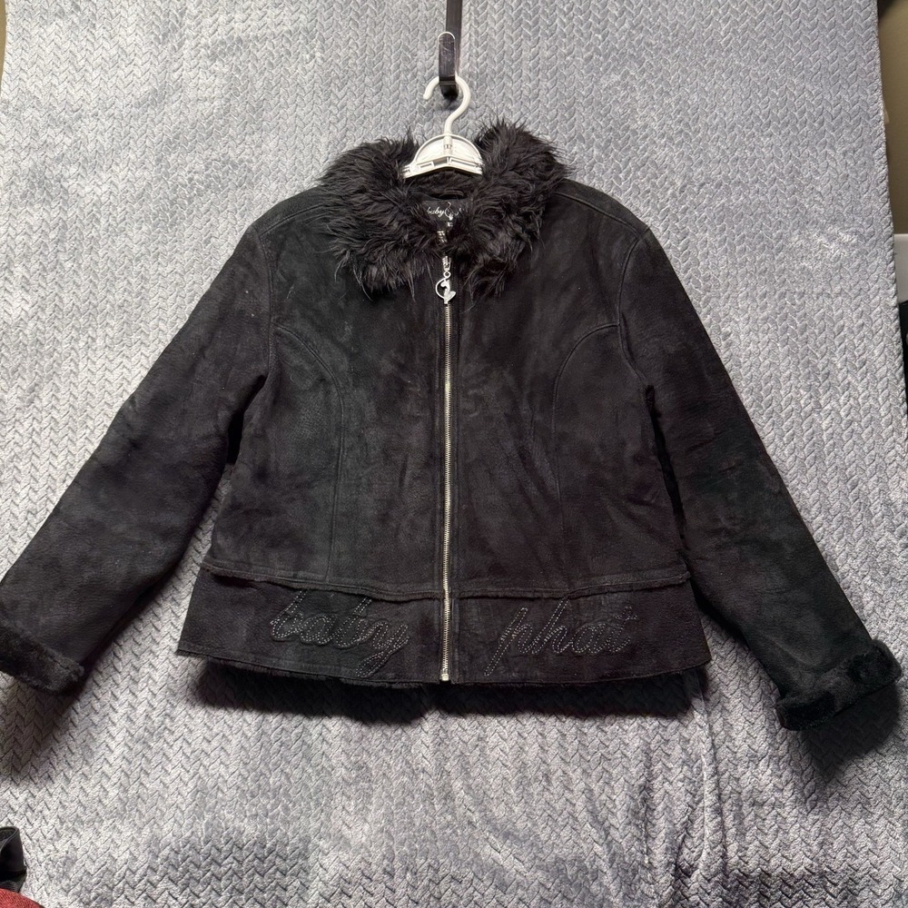 Vintage Baby Phat Jacket Women's XXL Black Suede Faux Fur Trim Lined‎ Coat Y2K